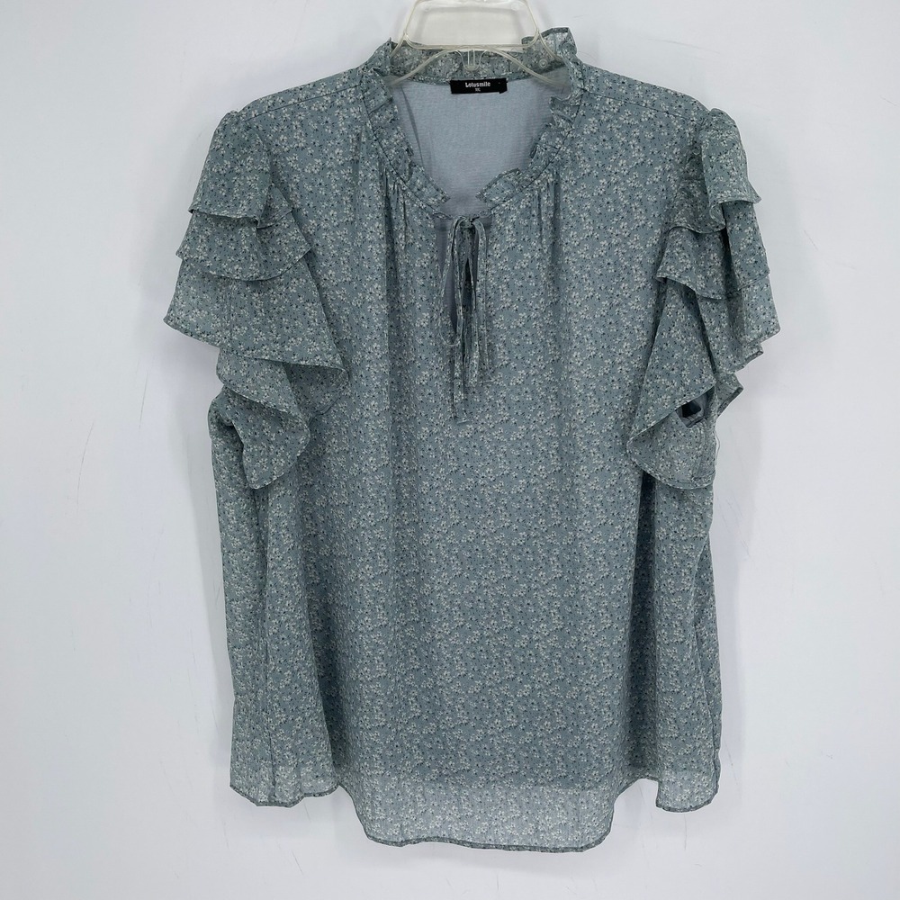 Lotusmile Women's Blue Floral Tie-Neck Tiered Ruffle Sleeve Blouse Top Size XXL
